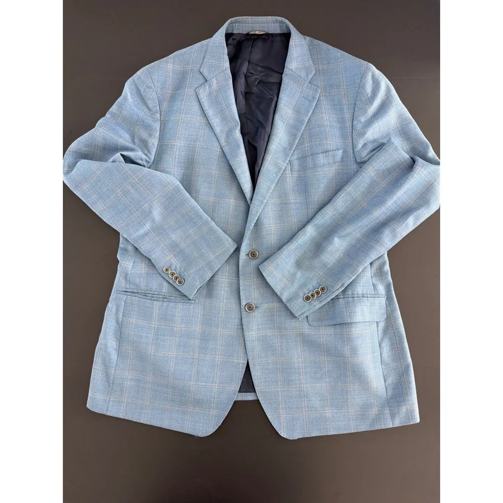 Ermenegildo Zegna Mens Blue Plaid Wool Silk Blazer Sport Coat Made in Italy 46L